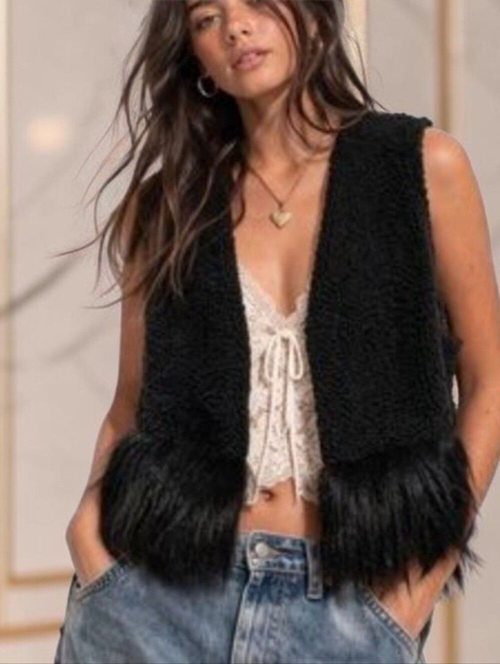 Saks Fifth Avenue Open-front Black Vest Sherpa/fleece Fabric